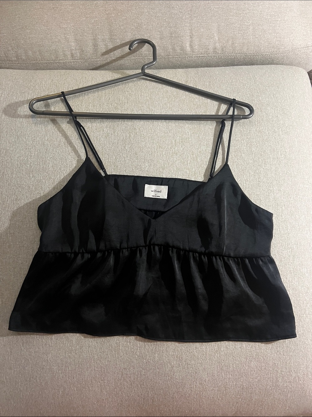 Aritzia Wilfred Black Satin Spaghetti Strap Peplum Tank Top